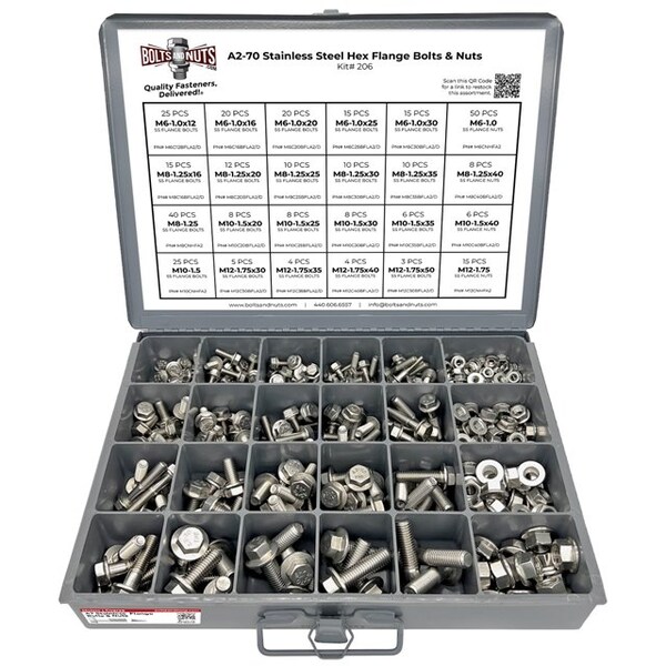Boltsandnuts.Com Metric A2 Stainless Steel Hex Flange Bolts & Nuts Assortment - 343 PCS Assortment Kit #206 - main